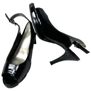 Worthington Shoes Sz 8M BLK SlingBack Patent Adjustable Open Toe Heels Pumps